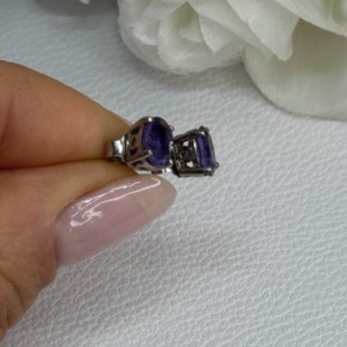 925 Sterling Silver Amethyst Earrings Length 0.27 Inch