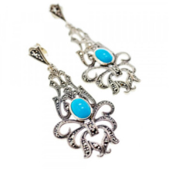 925 Sterling Silver Turquoise & Marcasites Earrings