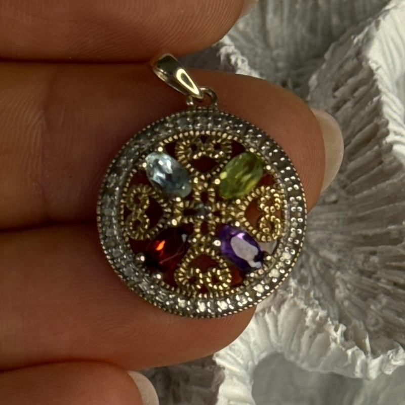 925 Sterling Silver Gold Plated Topaz Peridot Garnet Amethyst Pendant