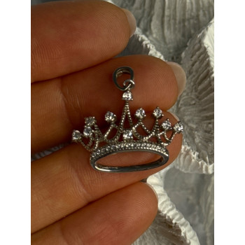 925 Sterling Silver Crown Diamonds Pendant Length 1 Inch