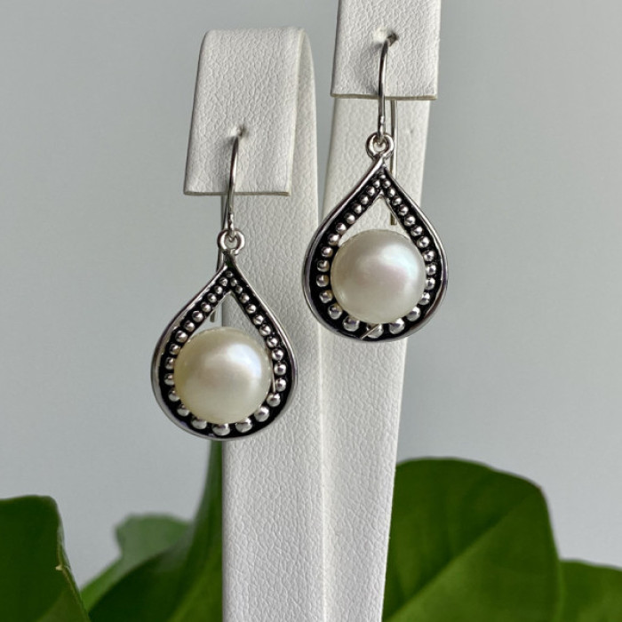 Vintage 925 Sterling Silver Pearls Earrings