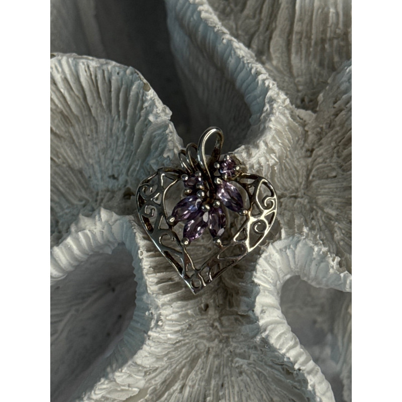 925 Sterling Silver Amethyst Heart Pendant Length 1 Inch