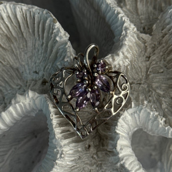 925 Sterling Silver Amethyst Heart Pendant Length 1 Inch