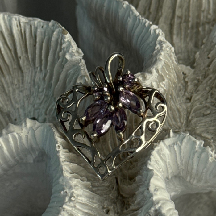 925 Sterling Silver Amethyst Heart Pendant Length 1 Inch