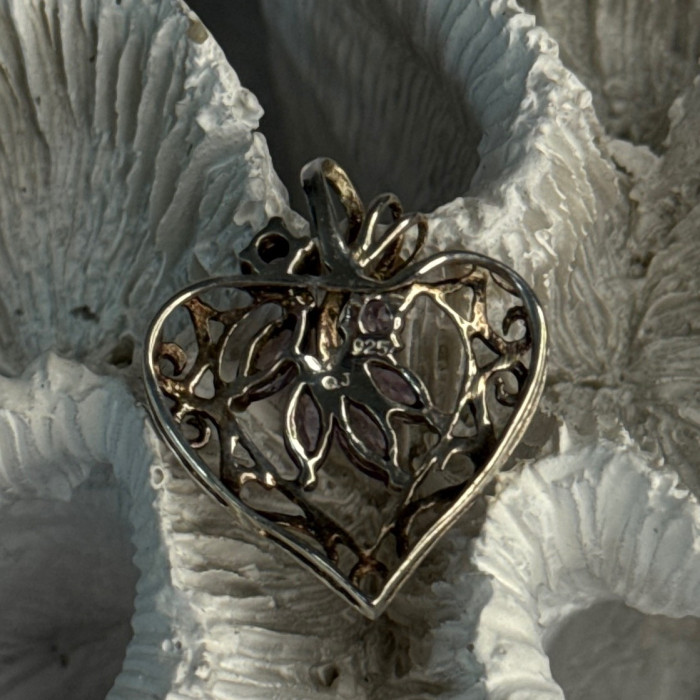925 Sterling Silver Amethyst Heart Pendant Length 1 Inch