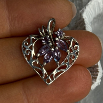 925 Sterling Silver Amethyst Heart Pendant Length 1 Inch