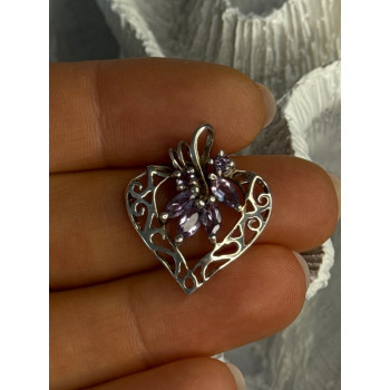925 Sterling Silver Amethyst Heart Pendant Length 1 Inch