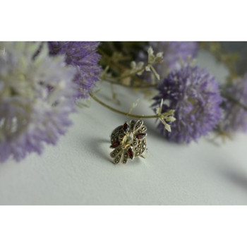 925 Sterling Silver Heliodor, Almandine & Marcasites Ring Size 8