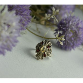 925 Sterling Silver Heliodor, Almandine & Marcasites Ring Size 8
