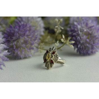 925 Sterling Silver Heliodor, Almandine & Marcasites Ring Size 8
