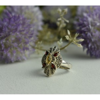 925 Sterling Silver Heliodor, Almandine & Marcasites Ring Size 8