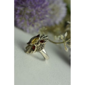 925 Sterling Silver Heliodor, Almandine & Marcasites Ring Size 8