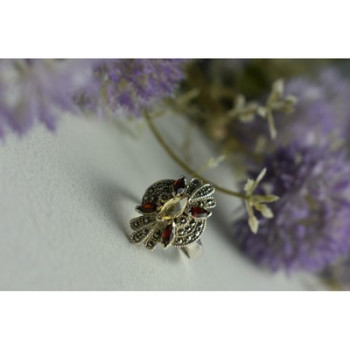 925 Sterling Silver Heliodor, Almandine & Marcasites Ring Size 8