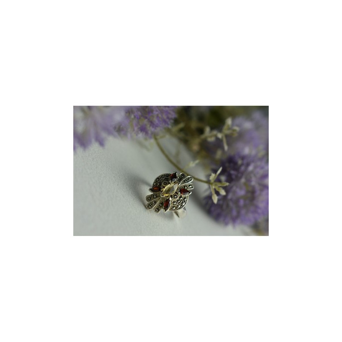 925 Sterling Silver Heliodor, Almandine & Marcasites Ring Size 8