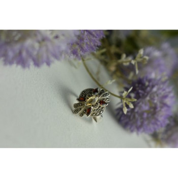 925 Sterling Silver Heliodor, Almandine & Marcasites Ring Size 8