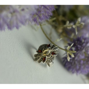 925 Sterling Silver Heliodor, Almandine & Marcasites Ring Size 8