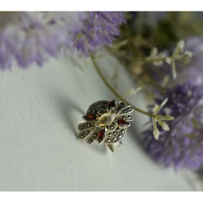 925 Sterling Silver Heliodor, Almandine & Marcasites Ring Size 8