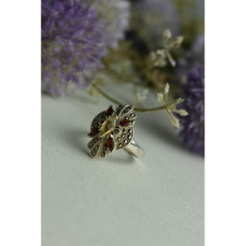 925 Sterling Silver Heliodor, Almandine & Marcasites Ring Size 8
