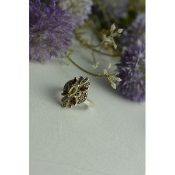 925 Sterling Silver Heliodor, Almandine & Marcasites Ring Size 8