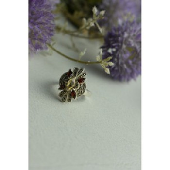 925 Sterling Silver Heliodor, Almandine & Marcasites Ring Size 8