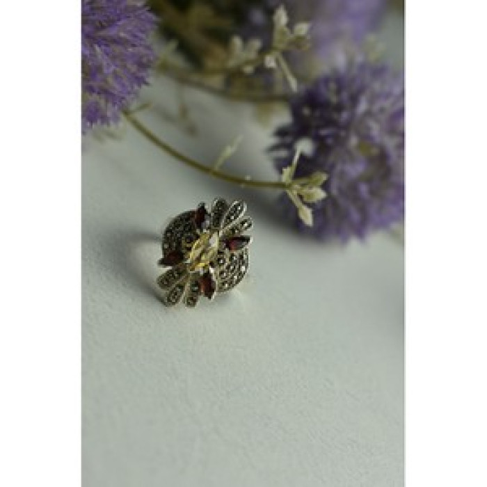 925 Sterling Silver Heliodor, Almandine & Marcasites Ring Size 8
