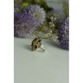 925 Sterling Silver Heliodor, Almandine & Marcasites Ring Size 8