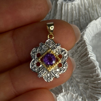 925 Sterling Silver Gold Plated Amethyst Pendant Length 1 Inch