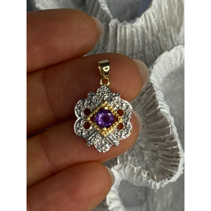 925 Sterling Silver Gold Plated Amethyst Pendant Length 1 Inch