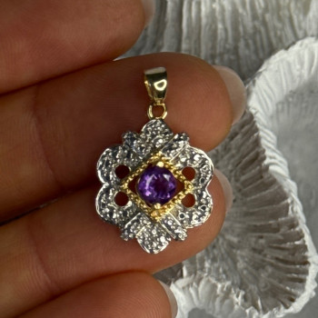 925 Sterling Silver Gold Plated Amethyst Pendant Length 1 Inch