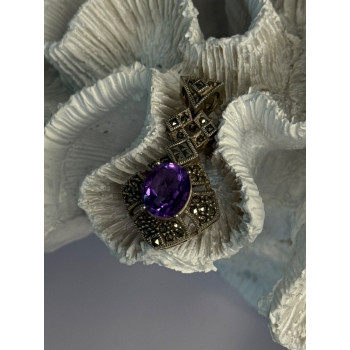 925 Sterling Silver Amethyst & Marcasite Pendant Length 1.50 Inch