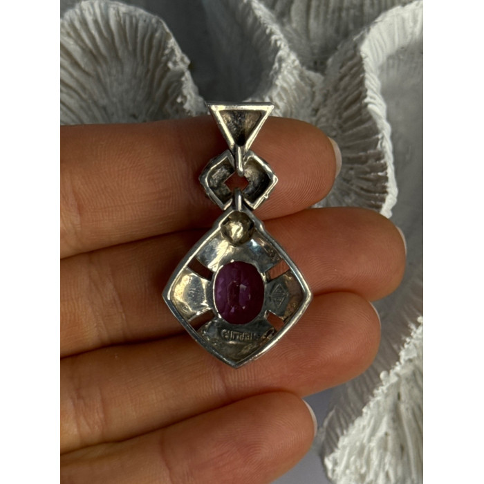 925 Sterling Silver Amethyst & Marcasite Pendant Length 1.50 Inch