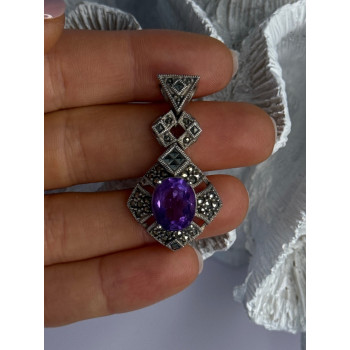 925 Sterling Silver Amethyst & Marcasite Pendant Length 1.50 Inch