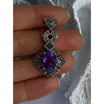 925 Sterling Silver Amethyst & Marcasite Pendant Length 1.50 Inch