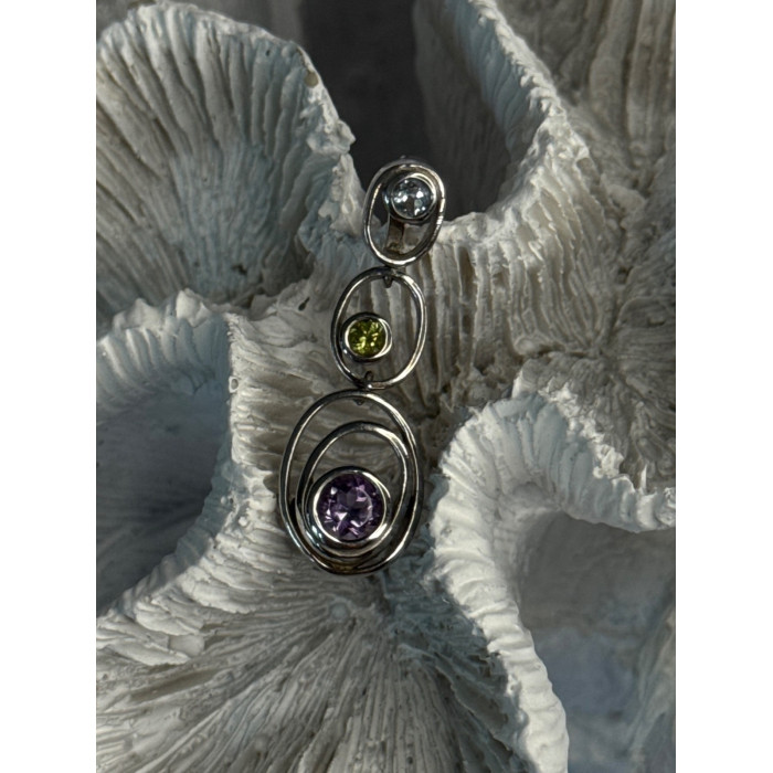 925 Sterling Silver Amethyst & Peridot & Topaz Pendant Length 1.30 Inch