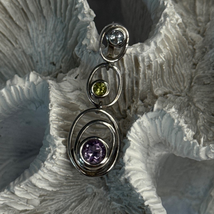 925 Sterling Silver Amethyst & Peridot & Topaz Pendant Length 1.30 Inch