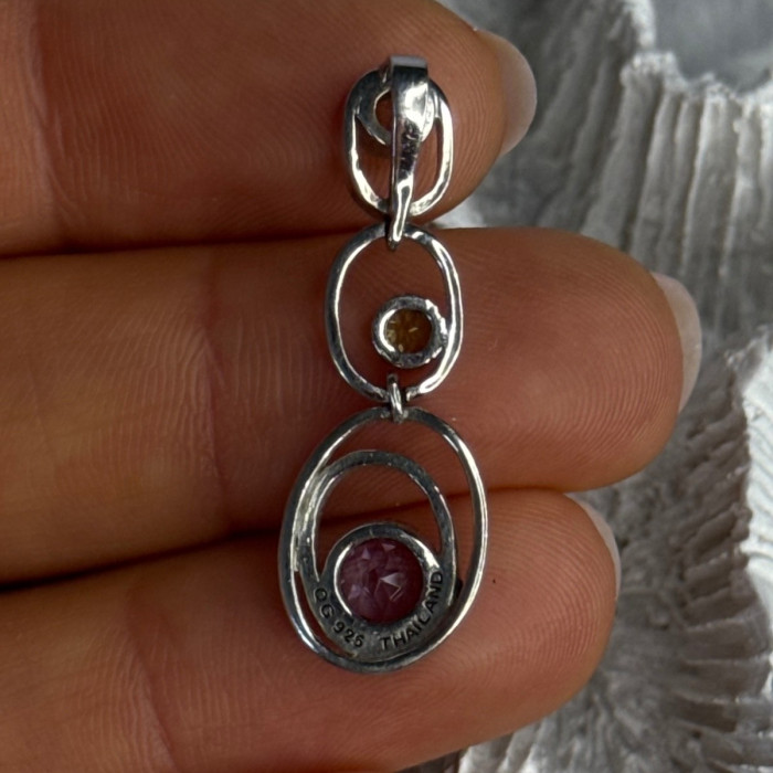 925 Sterling Silver Amethyst & Peridot & Topaz Pendant Length 1.30 Inch