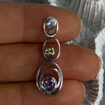 925 Sterling Silver Amethyst & Peridot & Topaz Pendant Length 1.30 Inch
