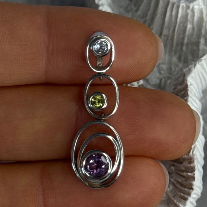 925 Sterling Silver Amethyst & Peridot & Topaz Pendant Length 1.30 Inch