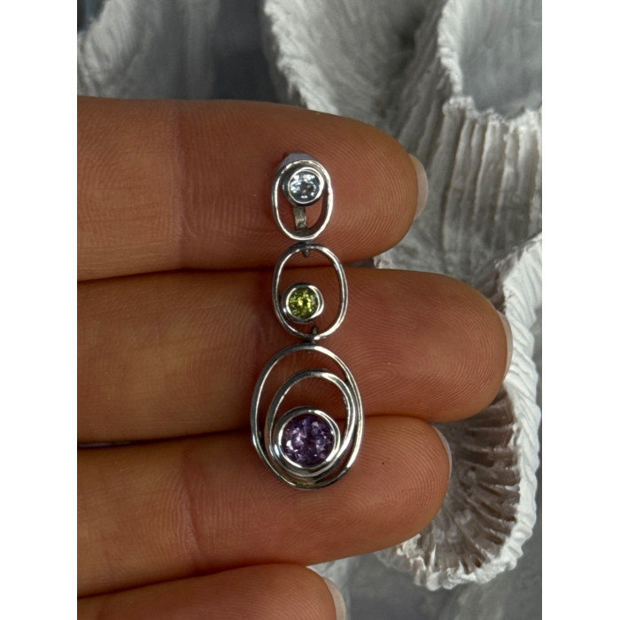 925 Sterling Silver Amethyst & Peridot & Topaz Pendant Length 1.30 Inch