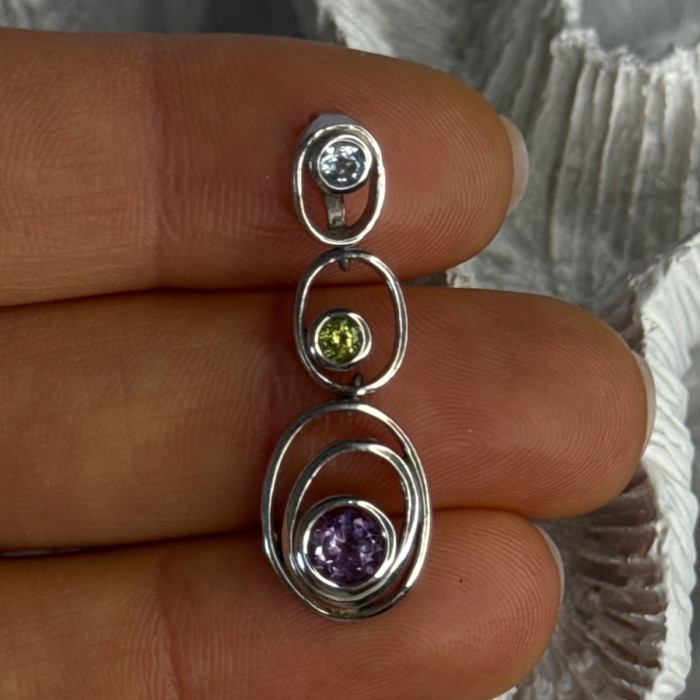 925 Sterling Silver Amethyst & Peridot & Topaz Pendant Length 1.30 Inch