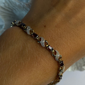 925 Sterling Silver Gold Plated Garnet Bracelet Length 7.5