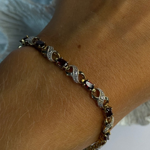 925 Sterling Silver Gold Plated Garnet Bracelet Length 7.5