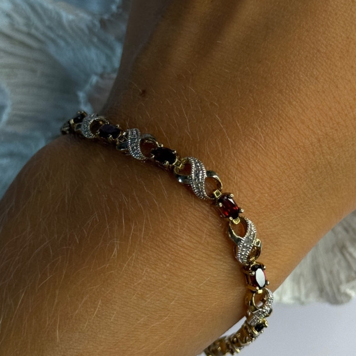 925 Sterling Silver Gold Plated Garnet Bracelet Length 7.5