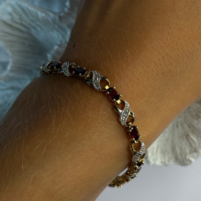 925 Sterling Silver Gold Plated Garnet Bracelet Length 7.5