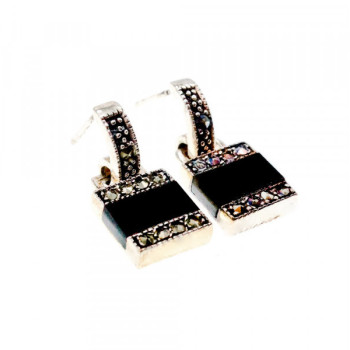 925 Sterling Silver Black Nephrite & Marcasites Earrings