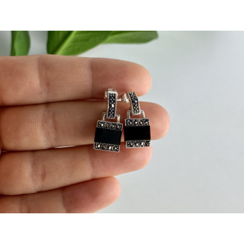 925 STERLING SILVER BLACK NEPHRITE & MARCASITES EARRINGS