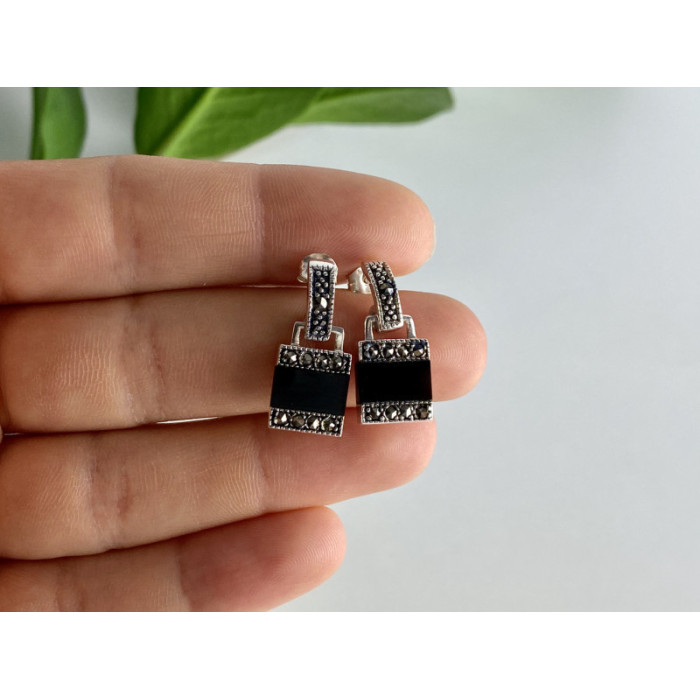 925 STERLING SILVER BLACK NEPHRITE & MARCASITES EARRINGS