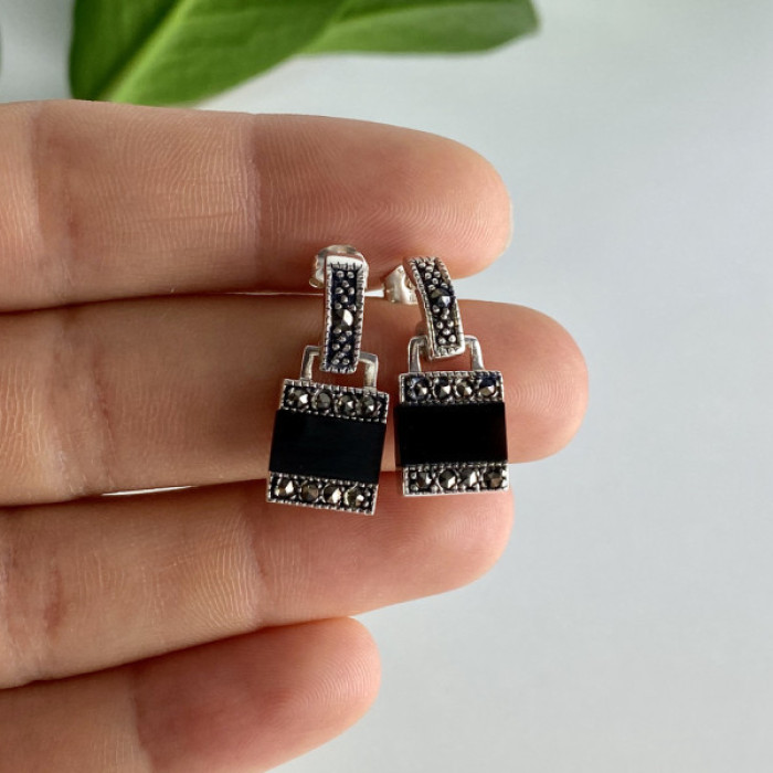 925 Sterling Silver Black Nephrite & Marcasites Earrings