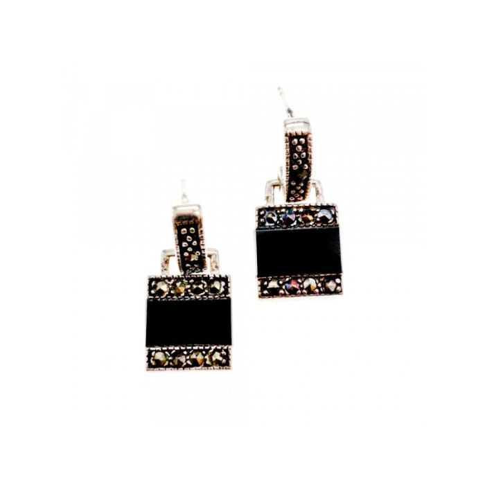 925 STERLING SILVER BLACK NEPHRITE & MARCASITES EARRINGS