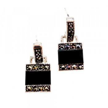 925 Sterling Silver Black Nephrite & Marcasites Earrings